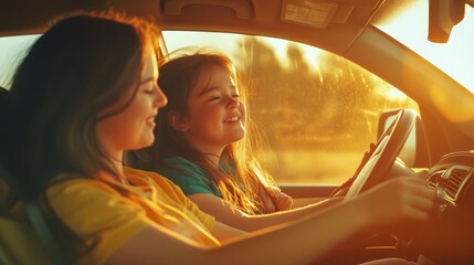 Fototapeta premium 60.A heartfelt image of a mother and her daughter with Down syndrome on a road trip, the mother driving with calm focus while the daughter leans forward, engaging in animated conversation.
