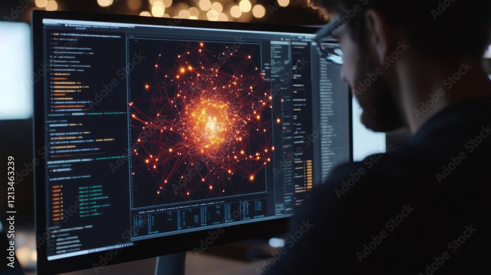 Poster A person sits at a computer in a dimly lit room. The screen displays code and a graphic of a glowing network of connected points.