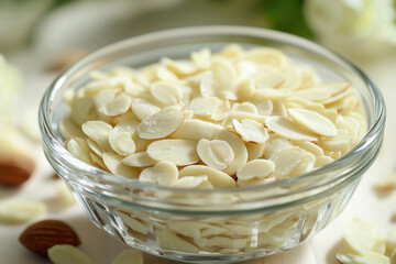 Sliced almonds in a glass ramekin close-up view, detailed shot of premium almond slices for display.