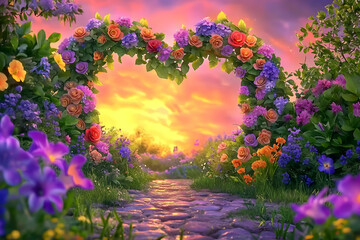 Naklejka premium A heart-shaped arch made of blooming flowers