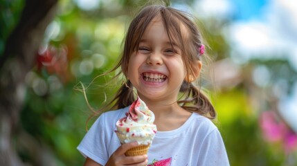 Portrait of happy little girl holding sundae in her hands, AI generated image