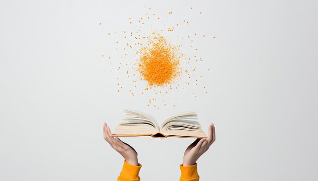 Hands holding an open book with vibrant orange particles floating above in a minimalist setting