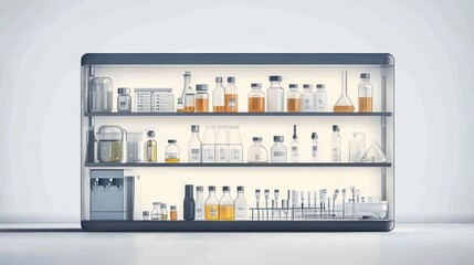 Glass cabinet filled with lab equipment and supplies.