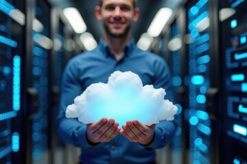 Professional IT Specialist Holding a Glowing Cloud Symbol in a Data Center, Signifying Cloud Computing and Modern Technology Solutions