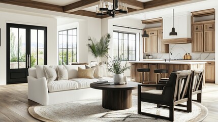 Fototapeta premium Elegant and spacious living room with a wooden accent kitchen and comfortable seating area