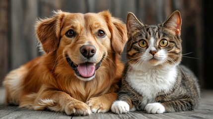 Fototapeta na wymiar A cheerful dog and a curious cat sit together, showcasing their friendship against a rustic wooden background.