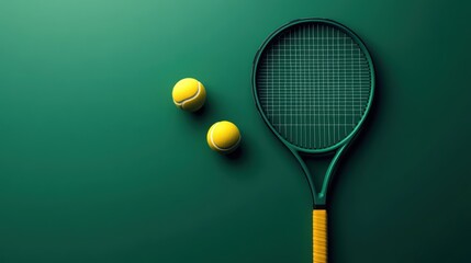 Tennis racket and balls on green background.