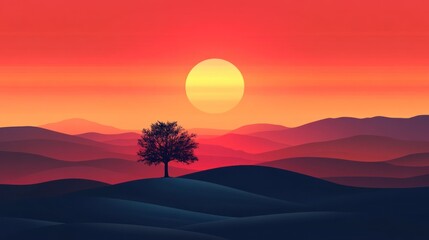 Fototapeta premium Solitary tree on hilltop at vibrant sunset over layered mountains.