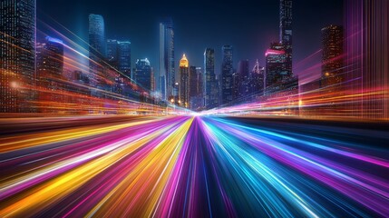 Obraz premium A vibrant cityscape featuring colorful light trails, showcasing the dynamic energy and motion of urban life at night.