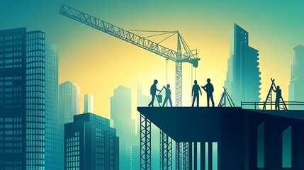 Construction Workers Building Modern City Skyline