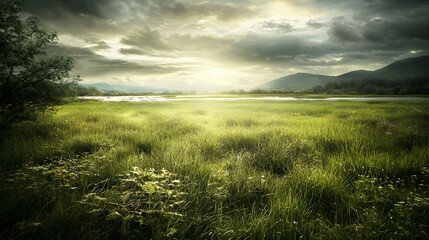 Obraz premium Serene Sunset over Lush Green Meadow and Tranquil Lake