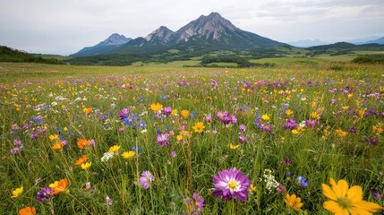 Fototapeta premium Colorful wildflowers bloom in a lush green meadow with majestic mountain peaks under a cloudy daytime sky.