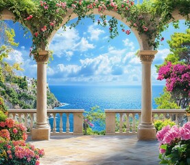 Beautiful view of the sea and flowers, with a balcony in an arch on the background, blue sky, clouds, green trees, a stone wall with a balcony