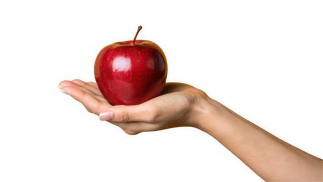 A close-up of a female hand holding a shiny red apple against a black background.