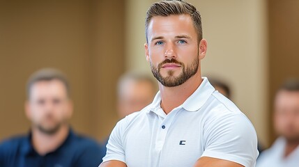 Fototapeta premium Confident Young Man Standing with Arms Crossed in a Group Setting