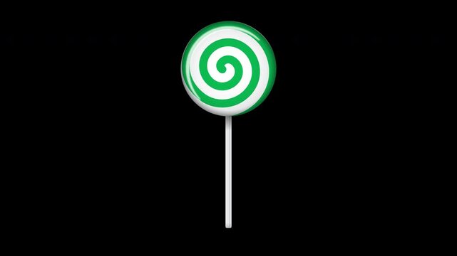 Lollipop on stick animation. Sweet candy animation. Animation for new years day, winter holiday, dessert, new years event. Transparent background with alpha channel