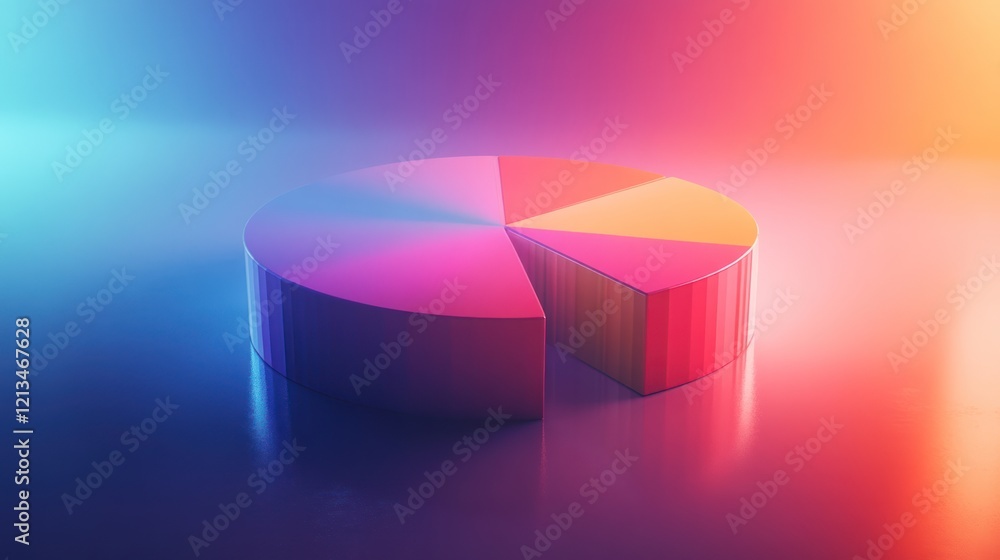 Poster 3d pie chart showing data segments with vibrant colors on a reflective surface.