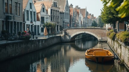 Fototapeta premium Charming Bruges Canal Scene: Picturesque Rowboat Docked Under a Brick Bridge, Medieval Buildings Reflecting on Calm Water