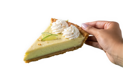 A hand holding a slice of delicious key lime pie topped with whipped cream and lime slices, showcasing its creamy texture.