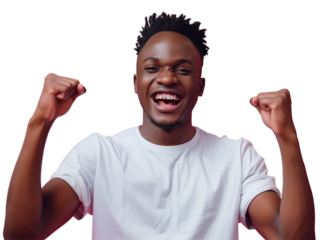 Joyful young man in a white t-shirt celebrating with arms raised and a big smile.