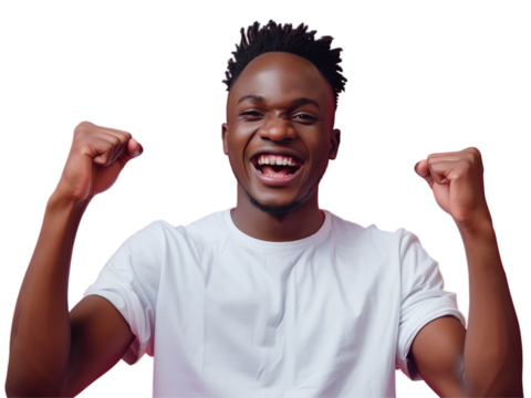 Joyful young man in a white t-shirt celebrating with arms raised and a big smile.