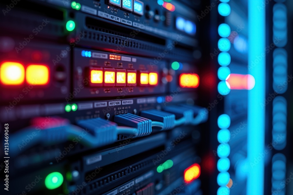 Poster close-up of network server equipment with illuminated displays and cables showing modern data center