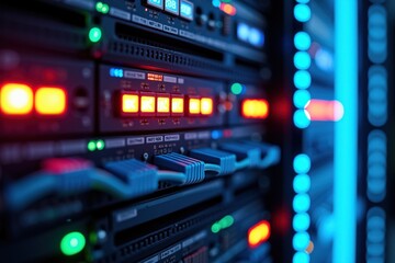 Close-Up of Network Server Equipment with Illuminated Displays and Cables Showing Modern Data Center Technology and Connectivity