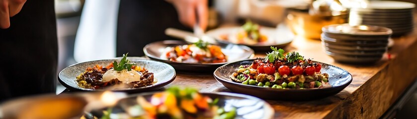 A Close-Up of Gourmet Meals Prepared on a Wooden Countertop
