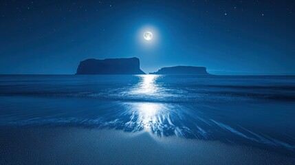 Ethereal moonlit seascape with gentle ocean waves lapping against the silhouetted outline of a remote island creating a captivating and tranquil atmosphere