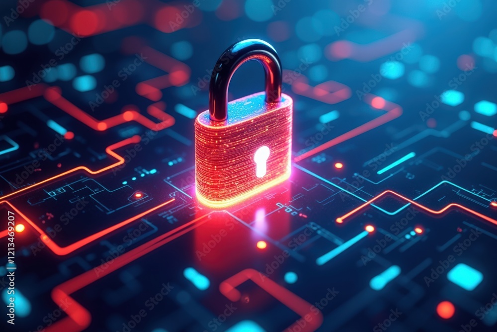 Poster futuristic digital lock in cyber security concept with neon light effects illustrating safe data pro