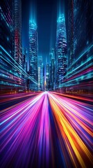 Fototapeta premium A vibrant cityscape at night, featuring illuminated skyscrapers and dynamic light trails, conveying a sense of speed and modernity.
