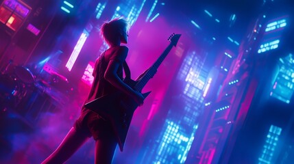 Obraz premium Dynamic Performer on Stage with Guitar and Lighting Effects