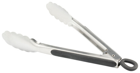 Tongs. Cooking kitchen tongs with soft-grip silicone handles. Durable stainless steel tongs with locking for cooking. Tongs with silicone rubber grips and metal tips for BBQ. Kitchenware for kitchen