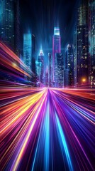 A vibrant cityscape featuring streaks of colorful light against a backdrop of tall skyscrapers, evoking a sense of speed and modernity.