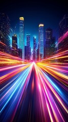 A vibrant cityscape at night, featuring colorful light trails that convey motion and energy against a backdrop of tall skyscrapers.