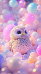 Whimsical pastel owl illustration small adorable soft dreamy colorful balloon bright lighting children room decor party magical wallpaper pet friend girl plush toy nursery room child warm cozy fun
