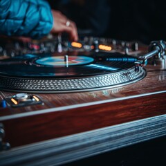 Obraz premium DJ Turntable Closeup Vinyl Record Spinning at Night Party