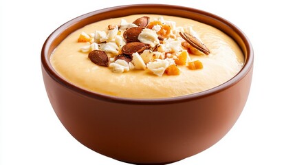 Creamy Pale Yellow Dessert with Chopped Nuts and White Chocolate in Rustic Brown Bowl