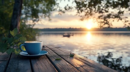 Tranquil Sunset Coffee by the Lake: A Serene Moment Captured
