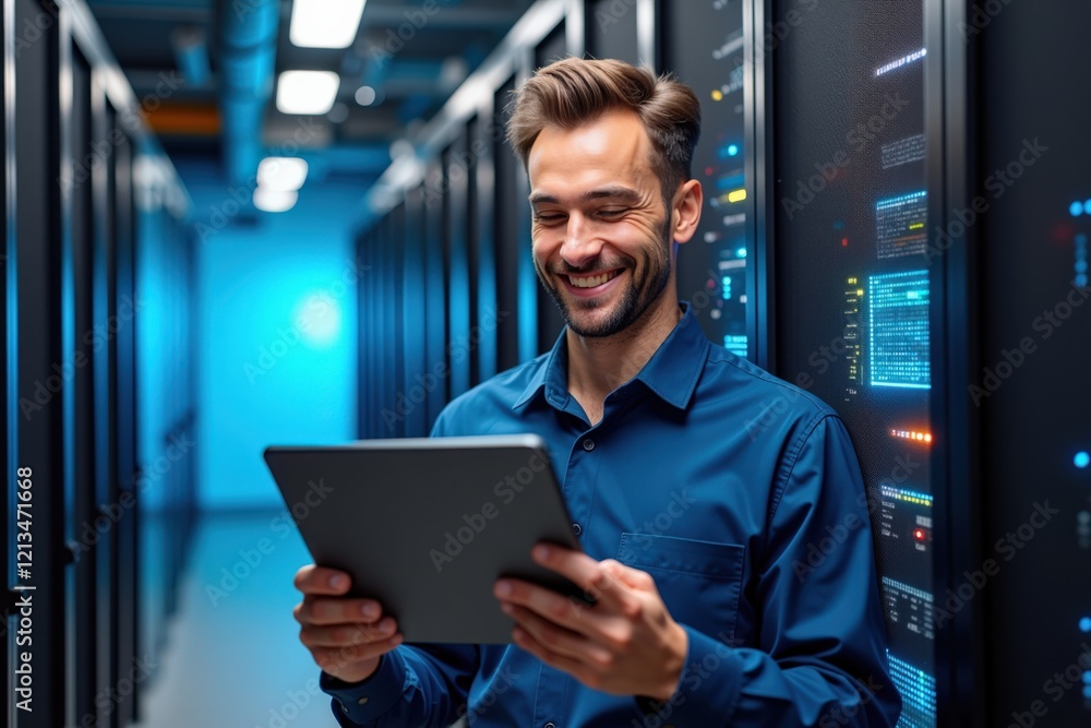 Poster smiling it technician using tablet in modern data center surrounded by server racks with blue ambien