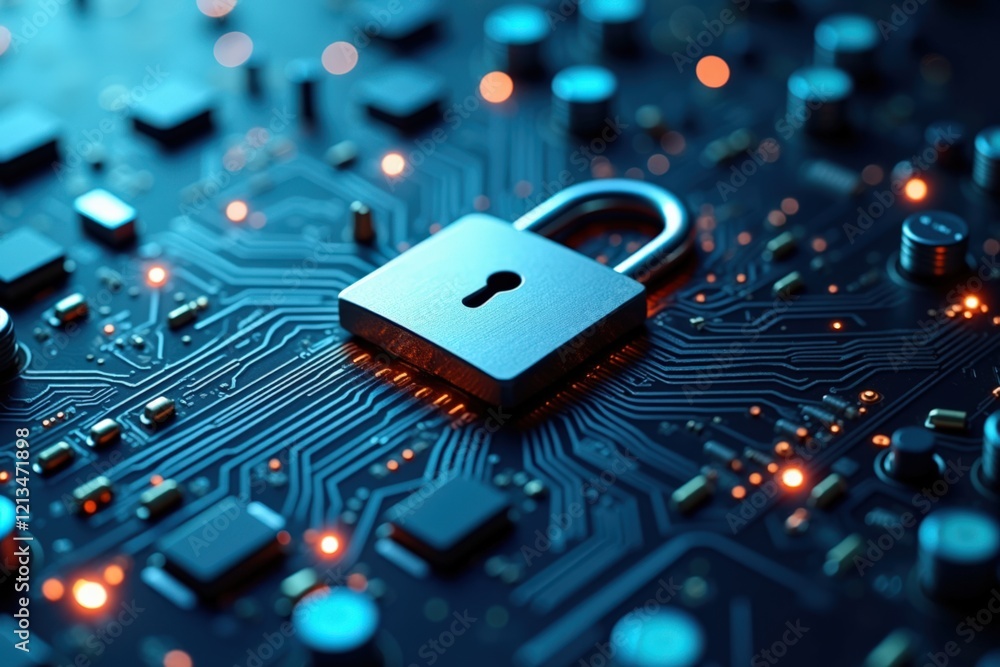 Poster a modern digital lock on an abstract circuit board background representing cybersecurity, data prote