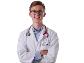 Smiling young doctor wearing glasses and stethoscope with arms crossed, professional attire