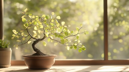 Miniature Bonsai Tree in Sunlit Window, Peaceful and Serene Indoor Scene