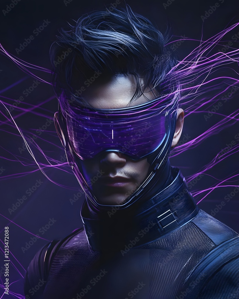 Poster a futuristic character with a sleek visor and digital elements, suggesting advanced technology.