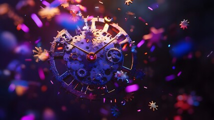 A 3D spinning clock with gears that slowly fade into a vibrant celebration scene