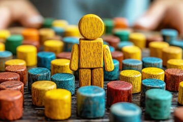 Standing Out: A lone yellow wooden figurine stands tall amidst a sea of colorful wooden cylinders, symbolizing individuality and uniqueness in a diverse group.  