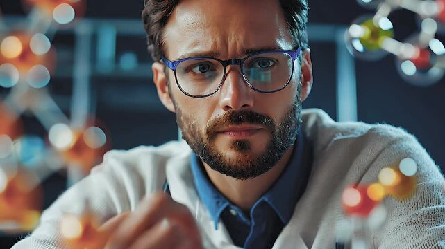 Serious scientist in glasses conducting molecular research in laboratory focused on chemistry and analysis of structures.