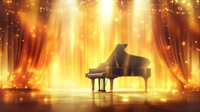 Elegant Piano Under Radiant Golden Curtains
