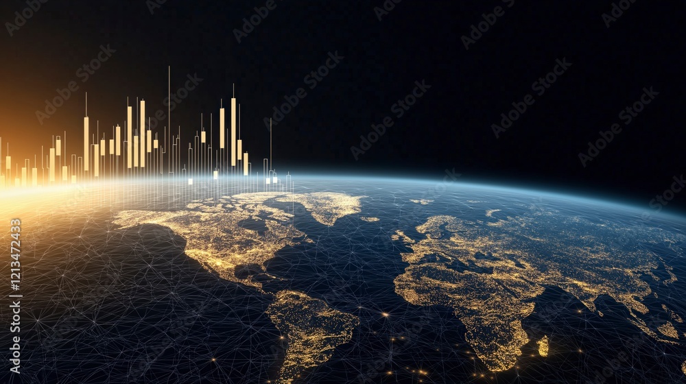 Poster futuristic digital world map with data visualizations and network connections at nightview