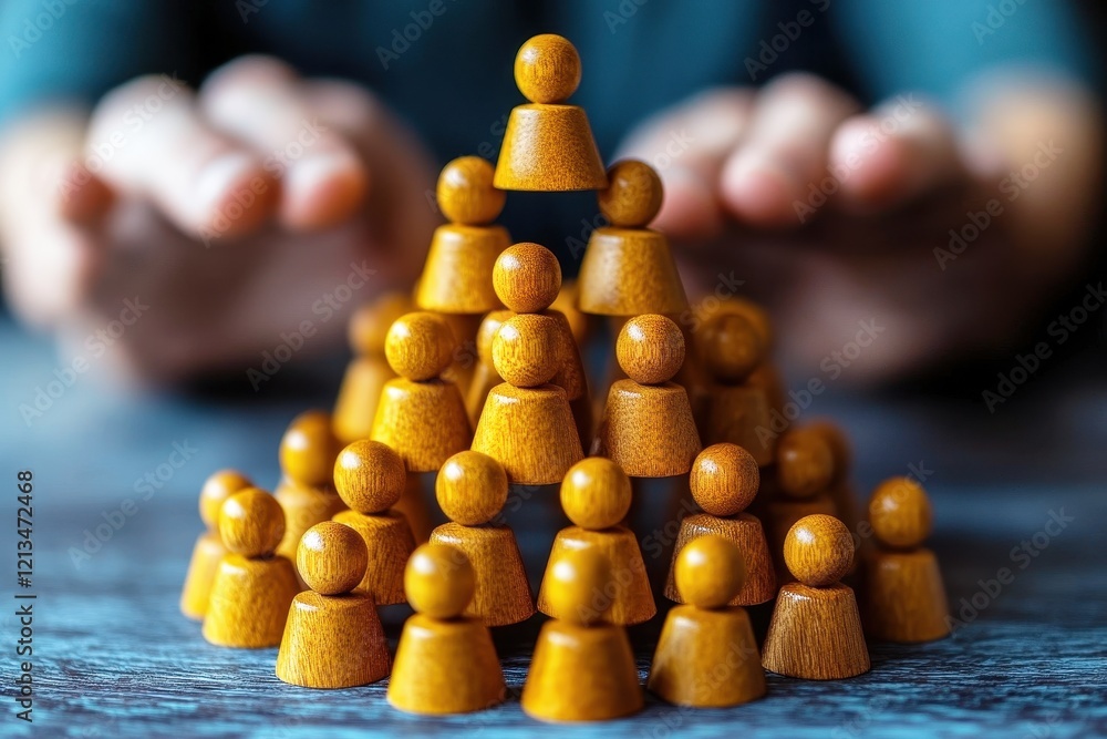 Poster the power of hierarchy: a symbolic pyramid of wooden figures, representing a hierarchical structure 